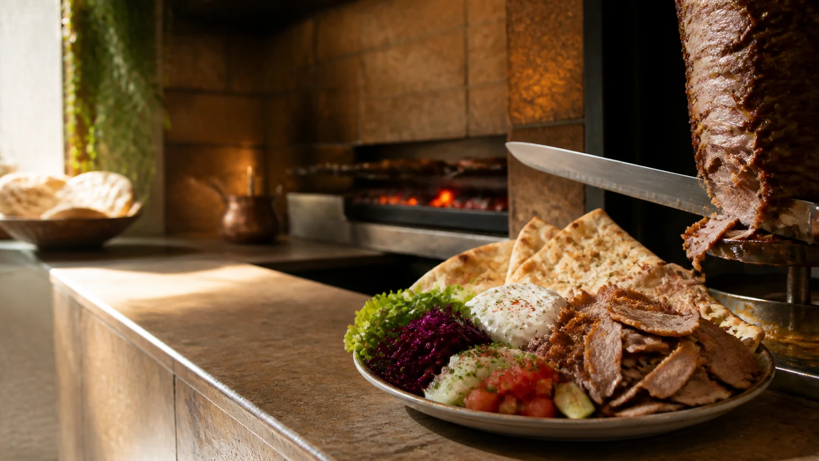 Frisch geschnittener Kalbfleisch-Döner mit Brot und Salat im Bieberer Grillhaus
