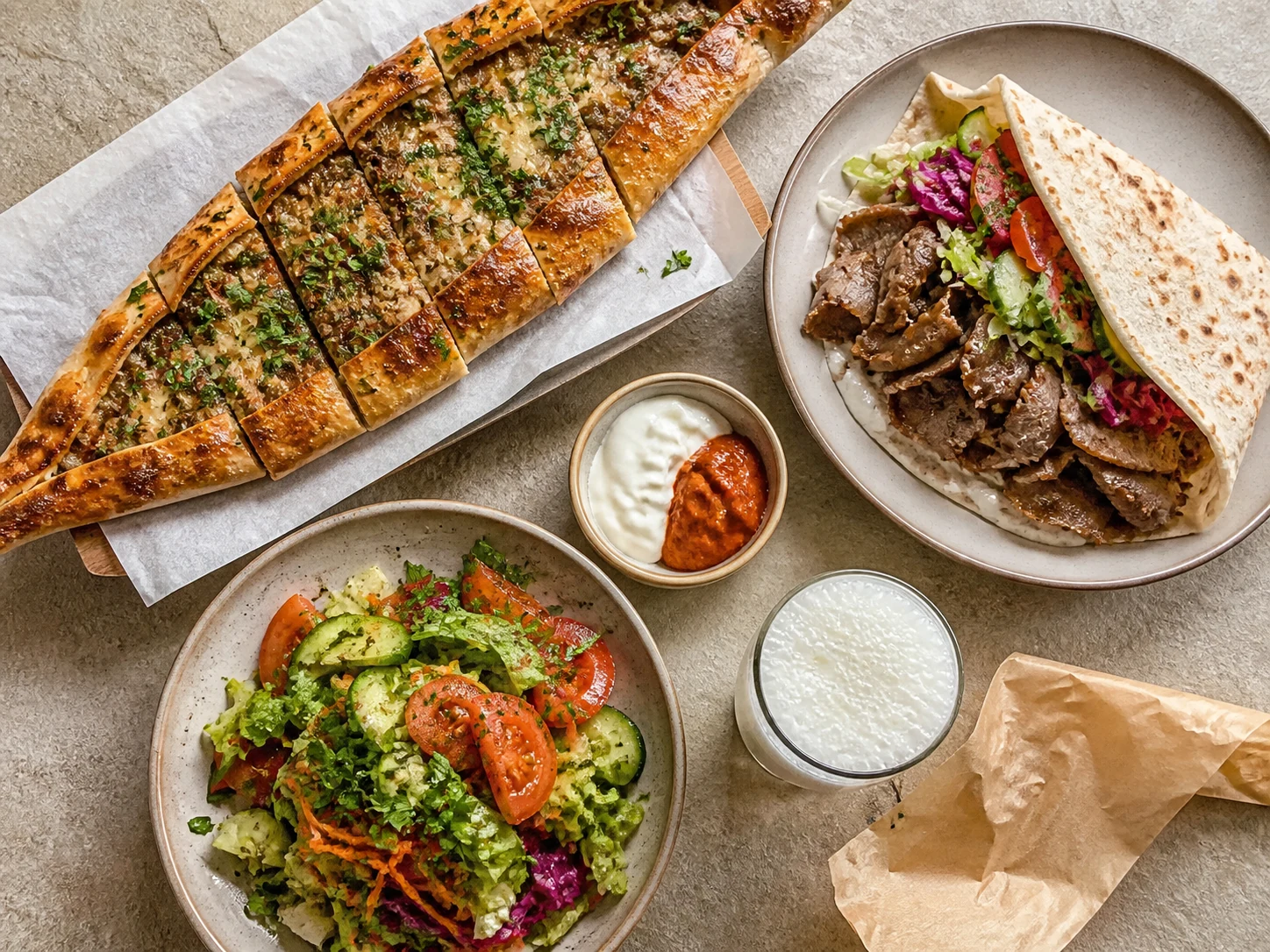 Pide, Döner, Salat und Ayran auf einem gedeckten Tisch